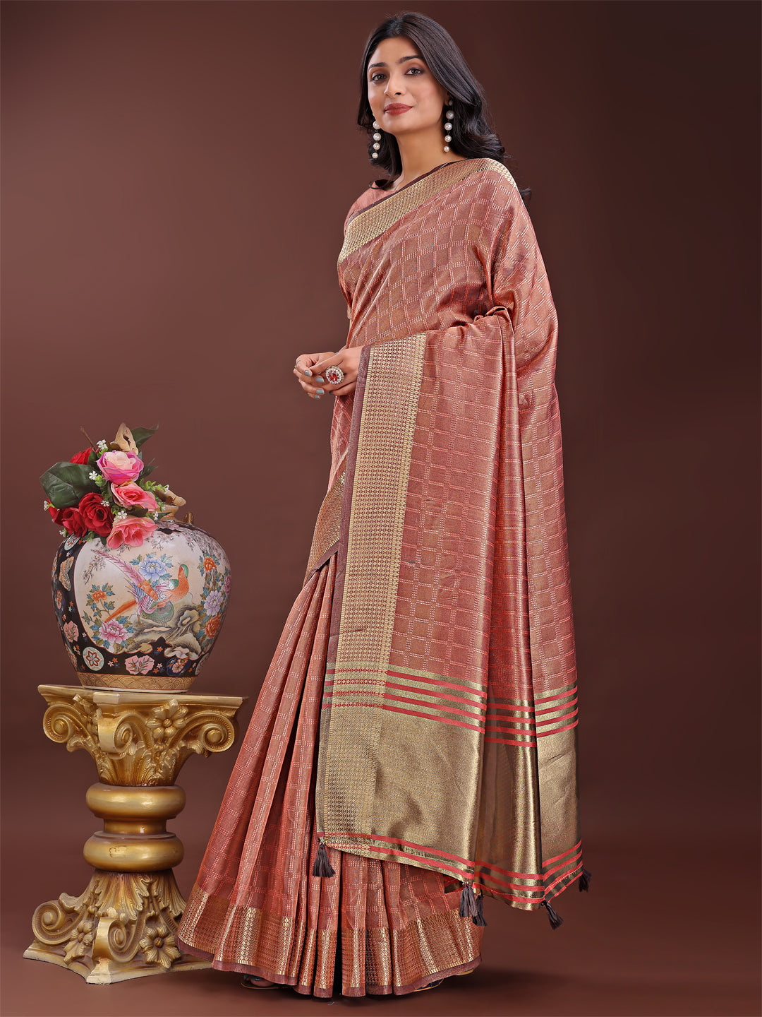 Shree Shyam Fashion Peach Organza Saree with Golden Zari Border | Elegant Soft Lightweight Party Wear Saree with Blouse | Grocsy