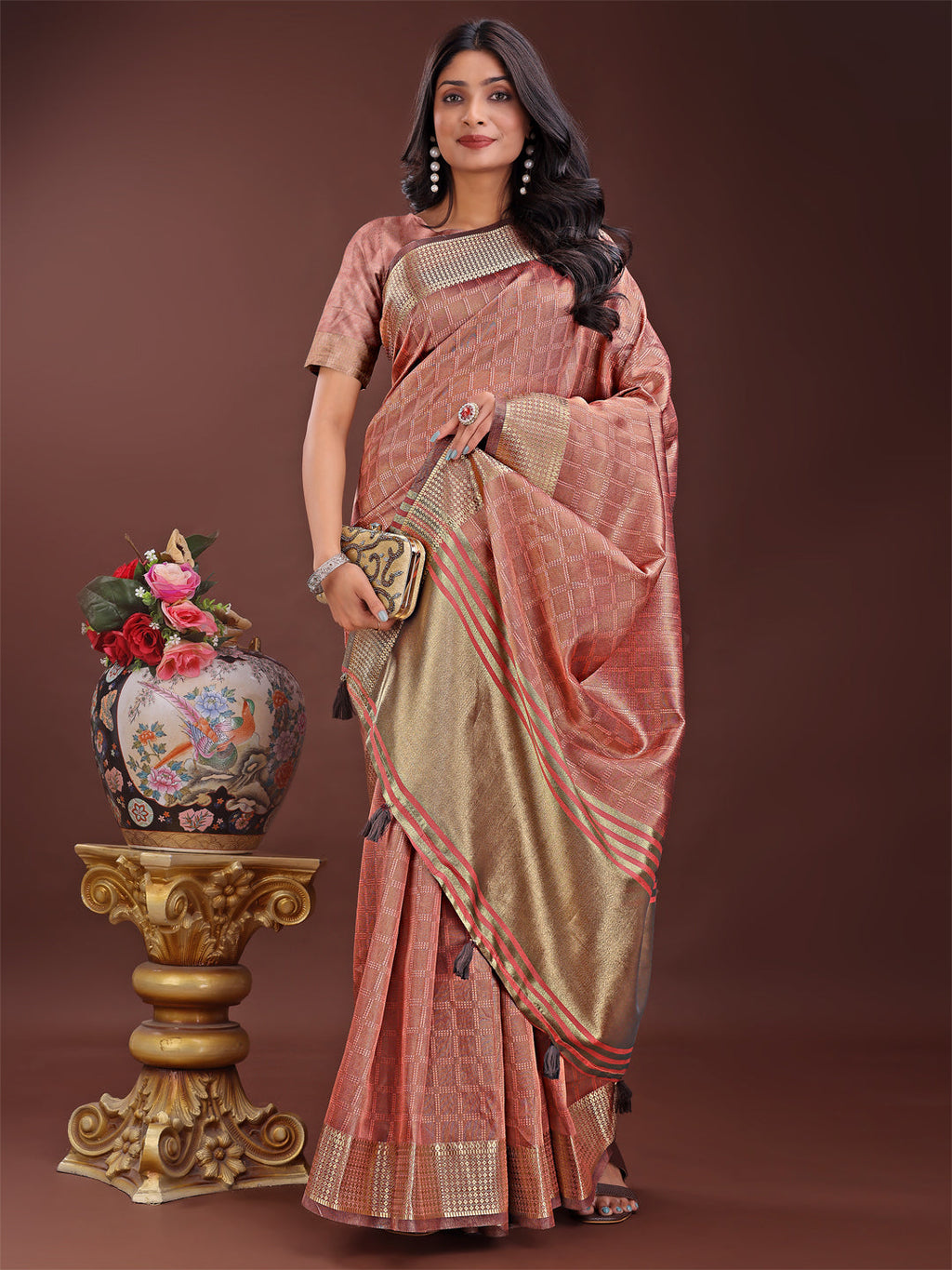 Shree Shyam Fashion Peach Organza Saree with Golden Zari Border | Elegant Soft Lightweight Party Wear Saree with Blouse | Grocsy