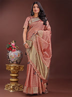 Shree Shyam Fashion Peach Organza Saree with Golden Zari Border | Elegant Soft Lightweight Party Wear Saree with Blouse | Grocsy