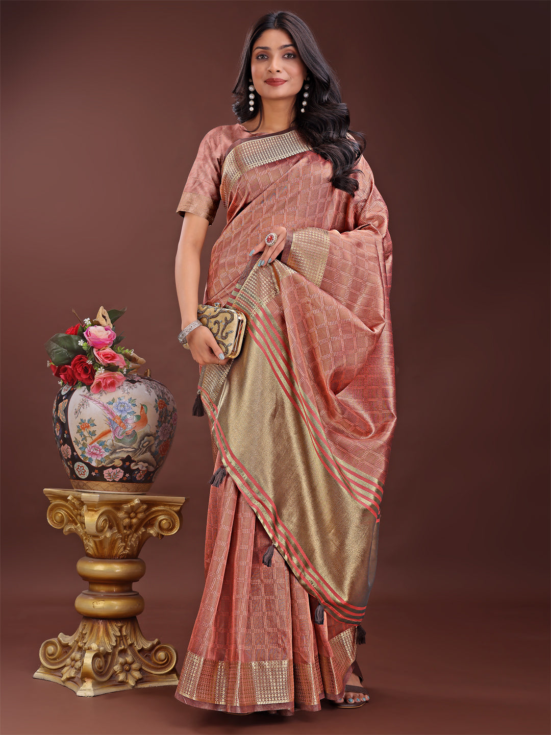 Shree Shyam Fashion Peach Organza Saree with Golden Zari Border | Elegant Soft Lightweight Party Wear Saree with Blouse | Grocsy