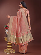 Shree Shyam Fashion Peach Organza Saree with Golden Zari Border | Elegant Soft Lightweight Party Wear Saree with Blouse | Grocsy