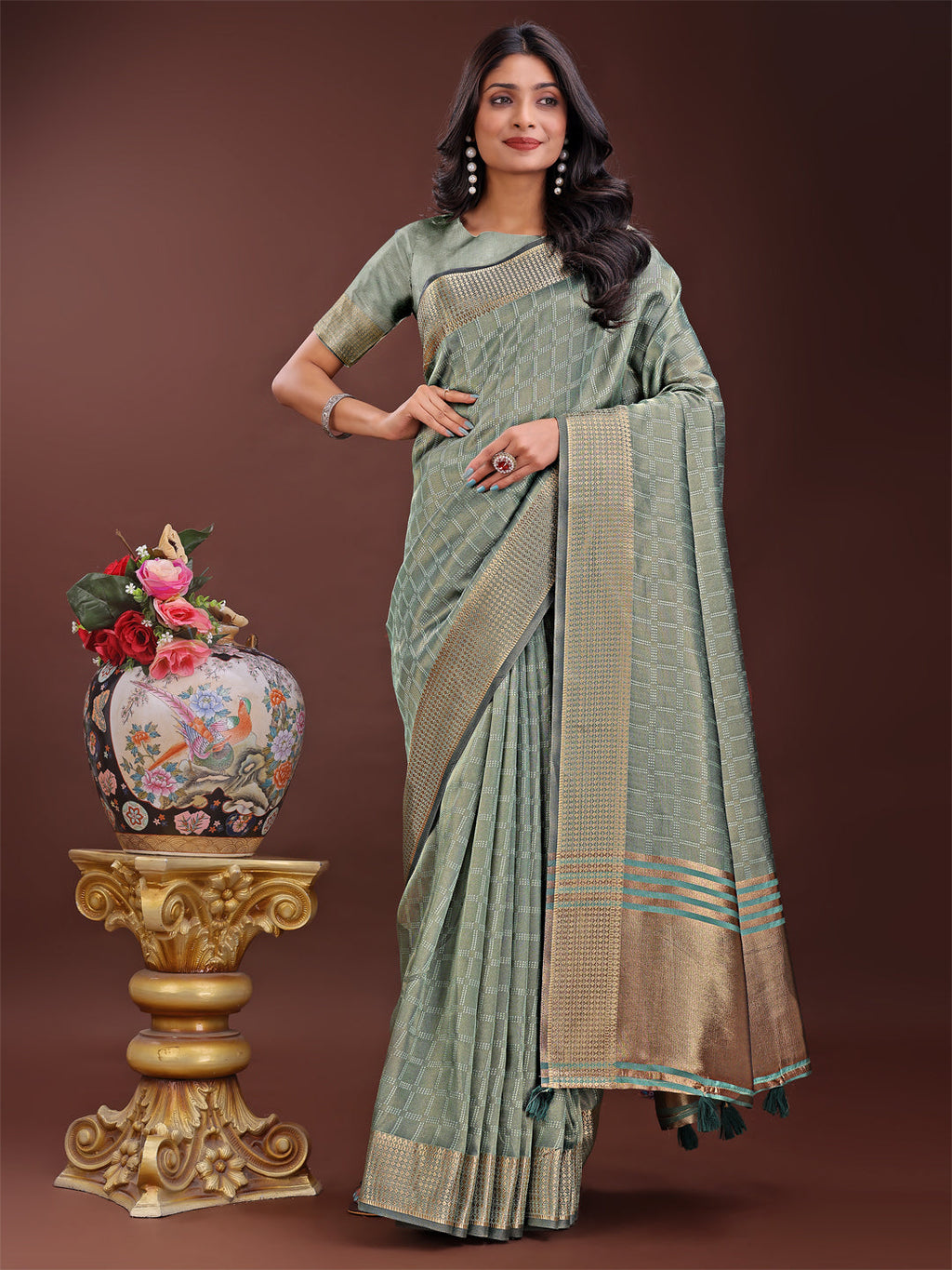 Shree Shyam Fashion Light Green Organza Saree with Golden Zari Border | Elegant Soft Lightweight Party Wear Saree with Blouse | Grocsy