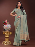 Shree Shyam Fashion Light Green Organza Saree with Golden Zari Border | Elegant Soft Lightweight Party Wear Saree with Blouse | Grocsy