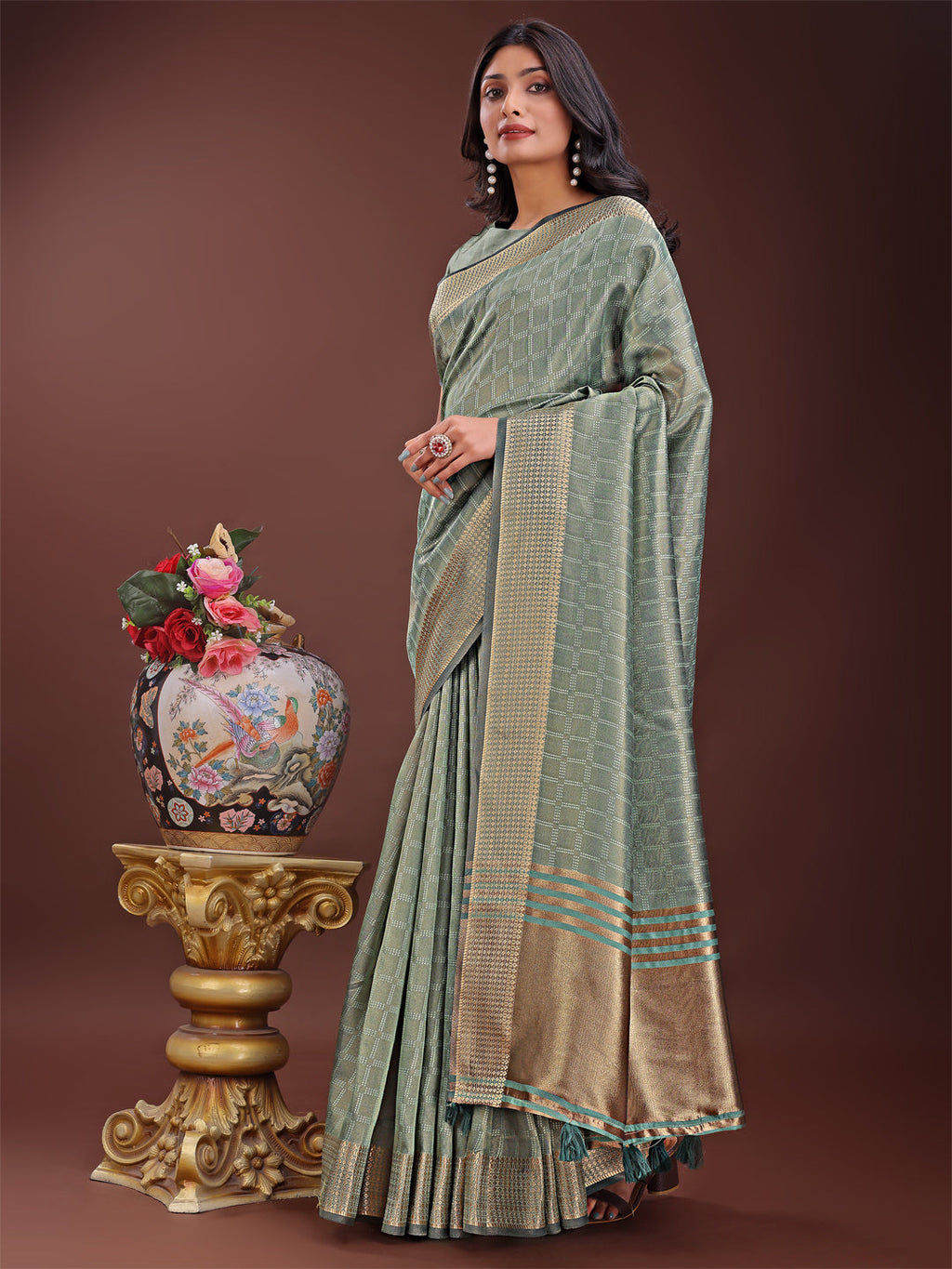 Shree Shyam Fashion Light Green Organza Saree with Golden Zari Border | Elegant Soft Lightweight Party Wear Saree with Blouse | Grocsy