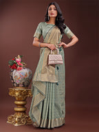 Shree Shyam Fashion Light Green Organza Saree with Golden Zari Border | Elegant Soft Lightweight Party Wear Saree with Blouse | Grocsy
