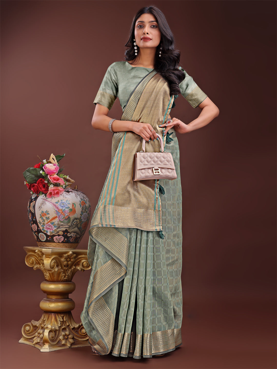Shree Shyam Fashion Light Green Organza Saree with Golden Zari Border | Elegant Soft Lightweight Party Wear Saree with Blouse | Grocsy