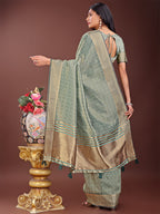 Shree Shyam Fashion Light Green Organza Saree with Golden Zari Border | Elegant Soft Lightweight Party Wear Saree with Blouse | Grocsy