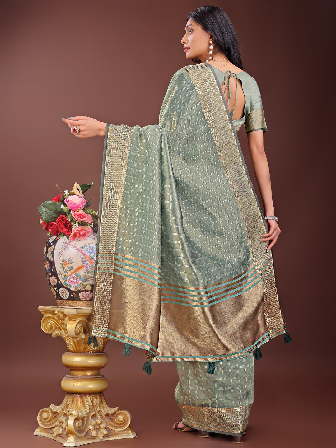 Shree Shyam Fashion Light Green Organza Saree with Golden Zari Border | Elegant Soft Lightweight Party Wear Saree with Blouse | Grocsy