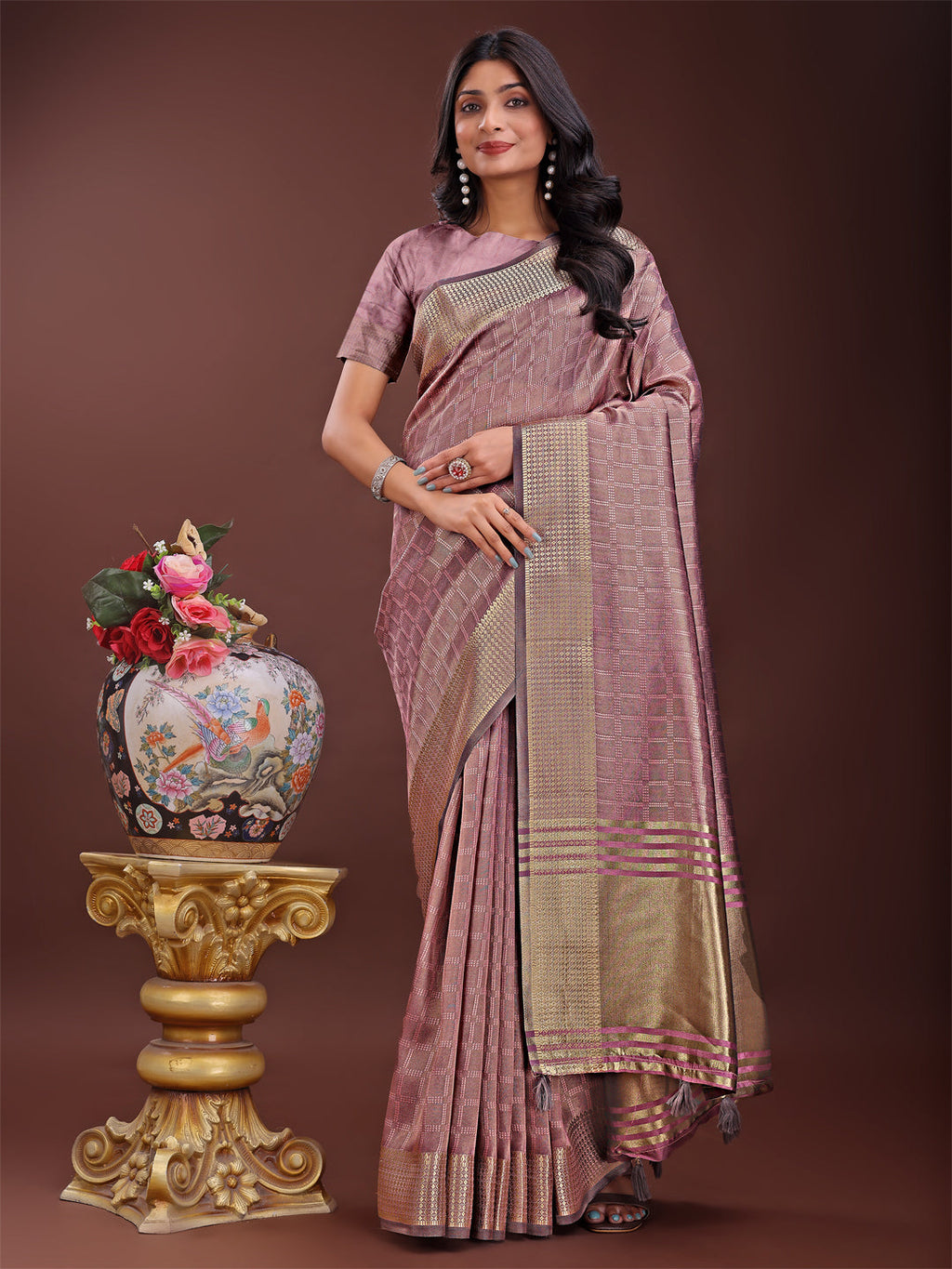 Shree Shyam Fashion Magenta Organza Saree with Golden Zari Border | Elegant Soft Lightweight Party Wear Saree with Blouse | Grocsy