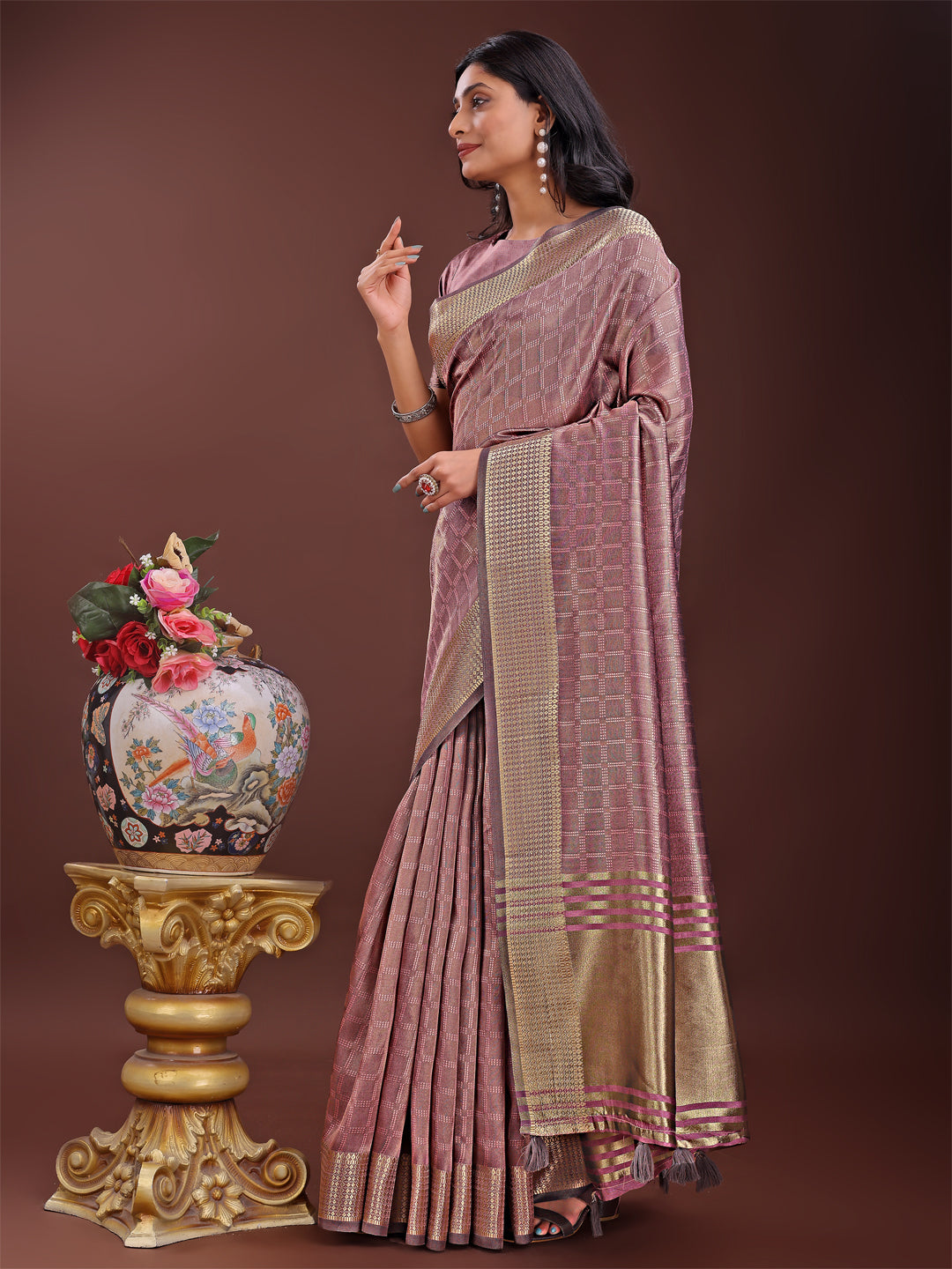 Shree Shyam Fashion Magenta Organza Saree with Golden Zari Border | Elegant Soft Lightweight Party Wear Saree with Blouse | Grocsy