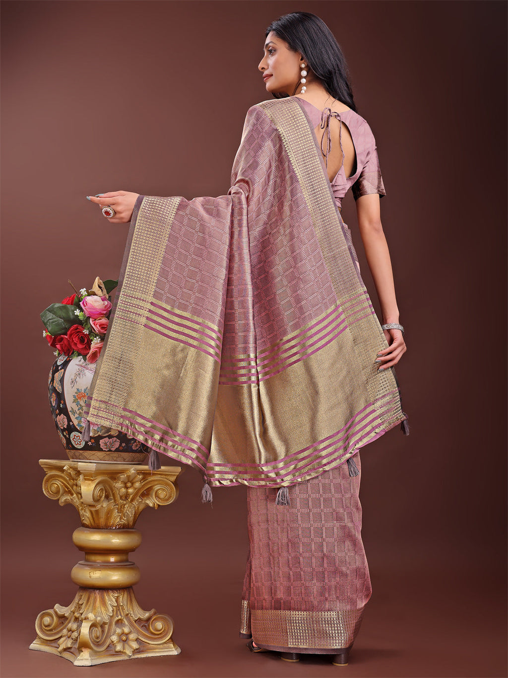 Shree Shyam Fashion Magenta Organza Saree with Golden Zari Border | Elegant Soft Lightweight Party Wear Saree with Blouse | Grocsy