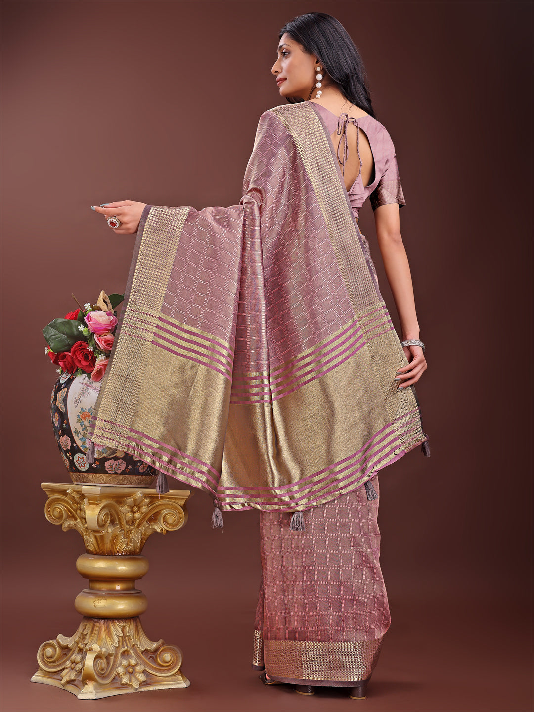 Shree Shyam Fashion Magenta Organza Saree with Golden Zari Border | Elegant Soft Lightweight Party Wear Saree with Blouse | Grocsy