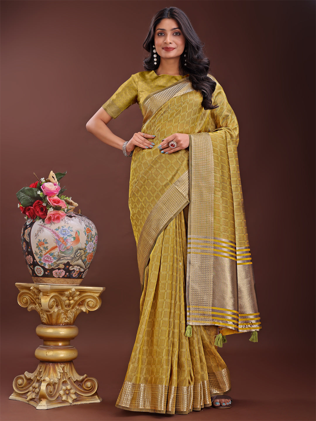 Shree Shyam Fashion Mustard Organza Saree with Golden Zari Border | Elegant Soft Lightweight Party Wear Saree with Blouse | Grocsy