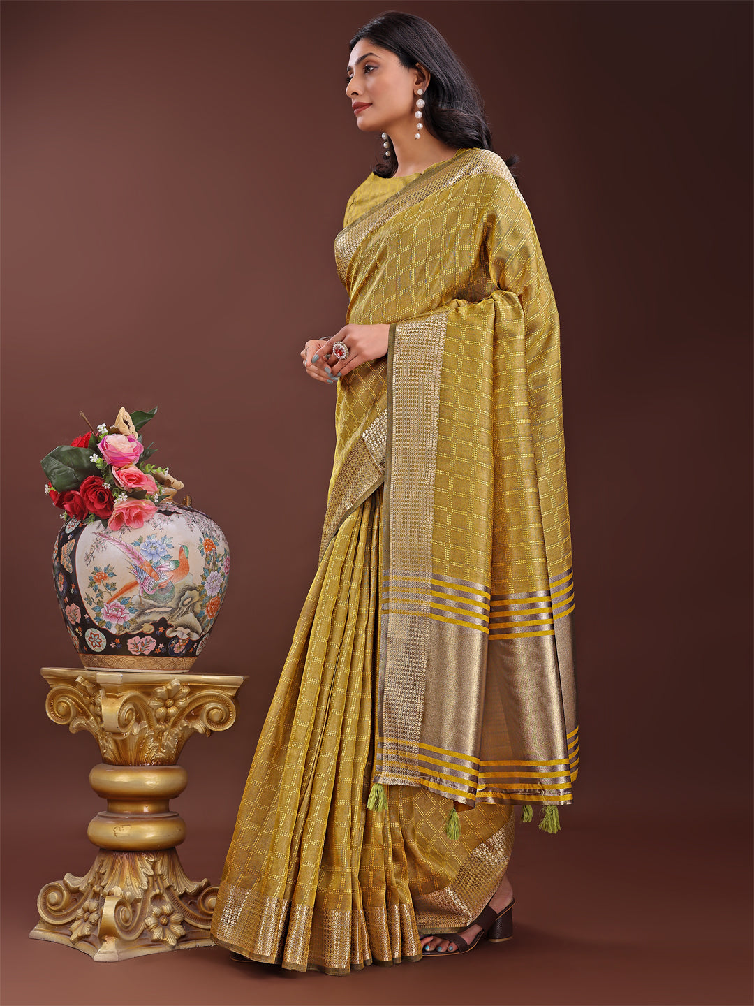 Shree Shyam Fashion Mustard Organza Saree with Golden Zari Border | Elegant Soft Lightweight Party Wear Saree with Blouse | Grocsy