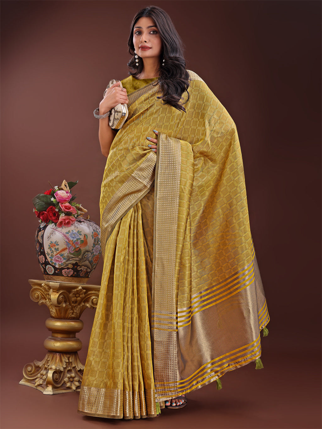 Shree Shyam Fashion Mustard Organza Saree with Golden Zari Border | Elegant Soft Lightweight Party Wear Saree with Blouse | Grocsy
