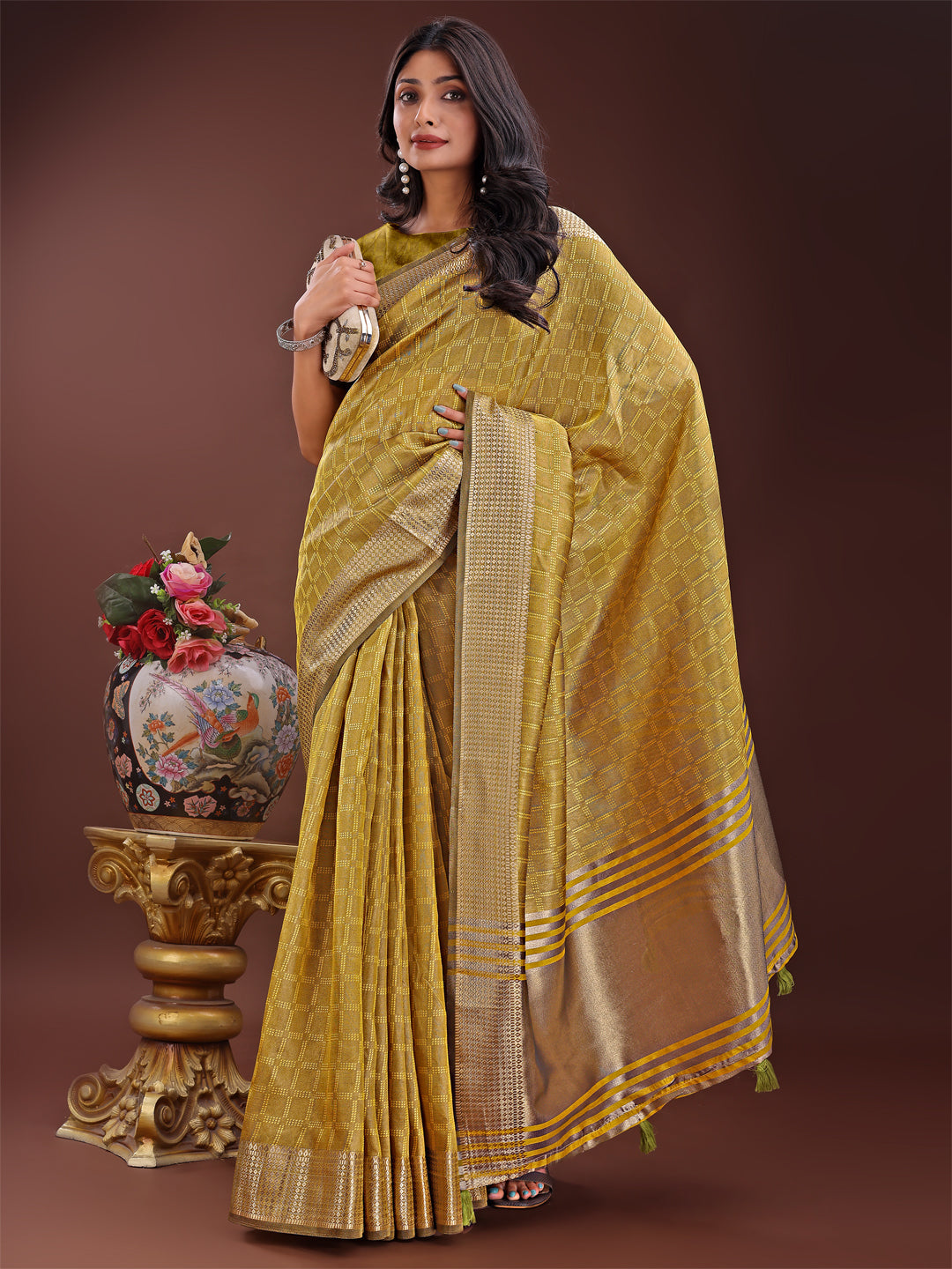 Shree Shyam Fashion Mustard Organza Saree with Golden Zari Border | Elegant Soft Lightweight Party Wear Saree with Blouse | Grocsy