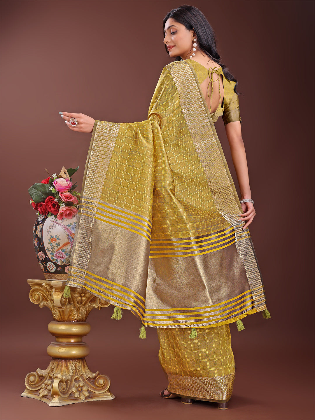 Shree Shyam Fashion Mustard Organza Saree with Golden Zari Border | Elegant Soft Lightweight Party Wear Saree with Blouse | Grocsy