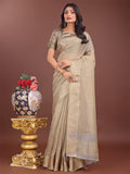 Shree Shyam Fashion Elegant Beige Linen Saree with Golden Zari Border & Rich Pallu | Soft Drape | Festive & Office Wear | Grocsy