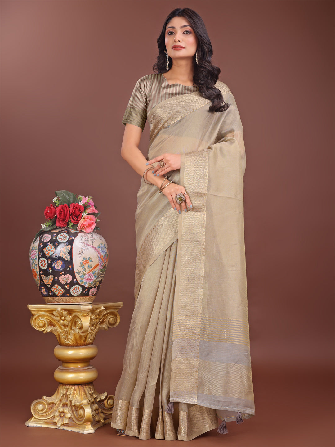 Shree Shyam Fashion Elegant Beige Linen Saree with Golden Zari Border & Rich Pallu | Soft Drape | Festive & Office Wear | Grocsy