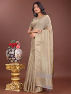 Shree Shyam Fashion Elegant Beige Linen Saree with Golden Zari Border & Rich Pallu | Soft Drape | Festive & Office Wear | Grocsy