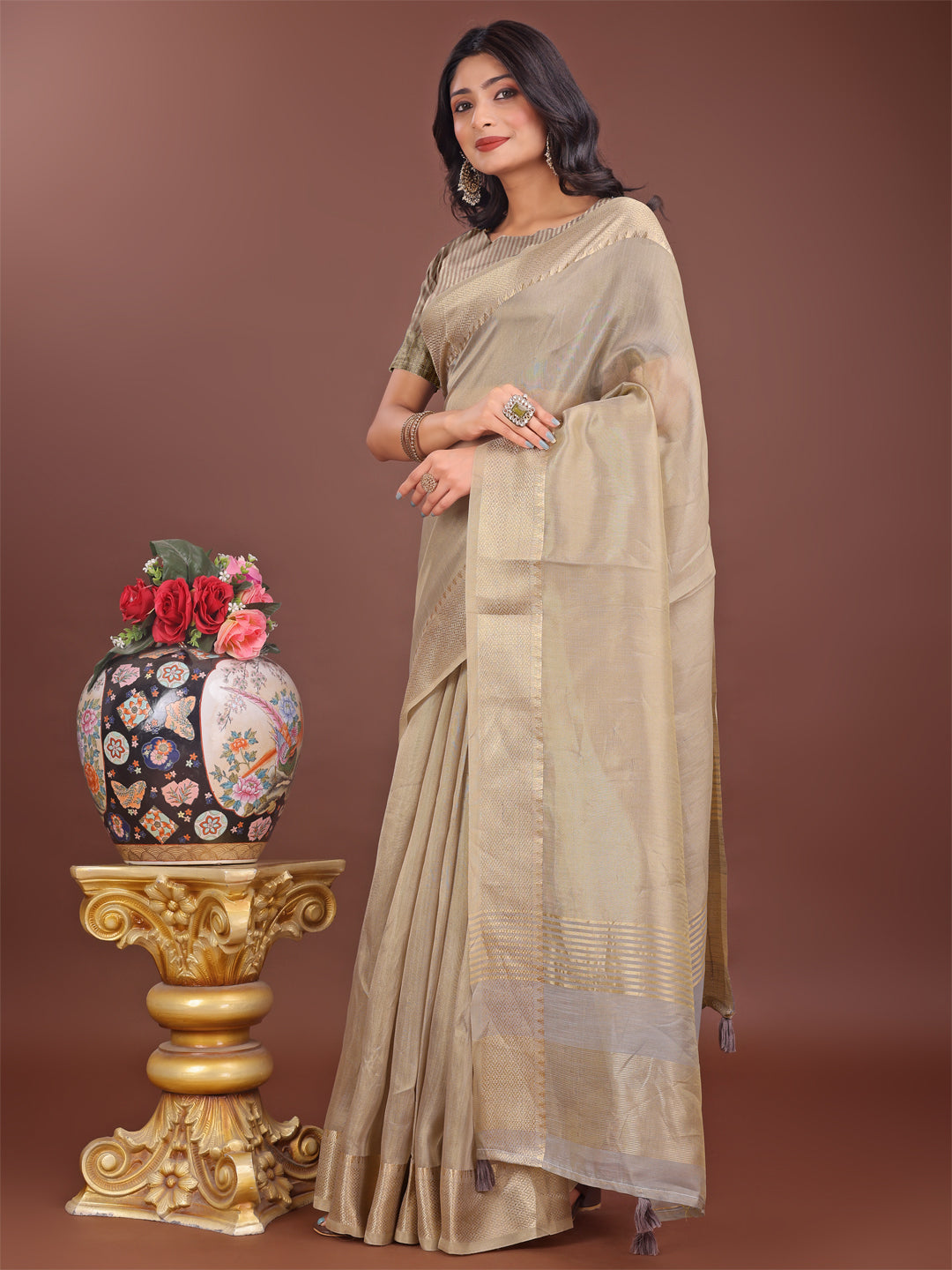 Shree Shyam Fashion Elegant Beige Linen Saree with Golden Zari Border & Rich Pallu | Soft Drape | Festive & Office Wear | Grocsy