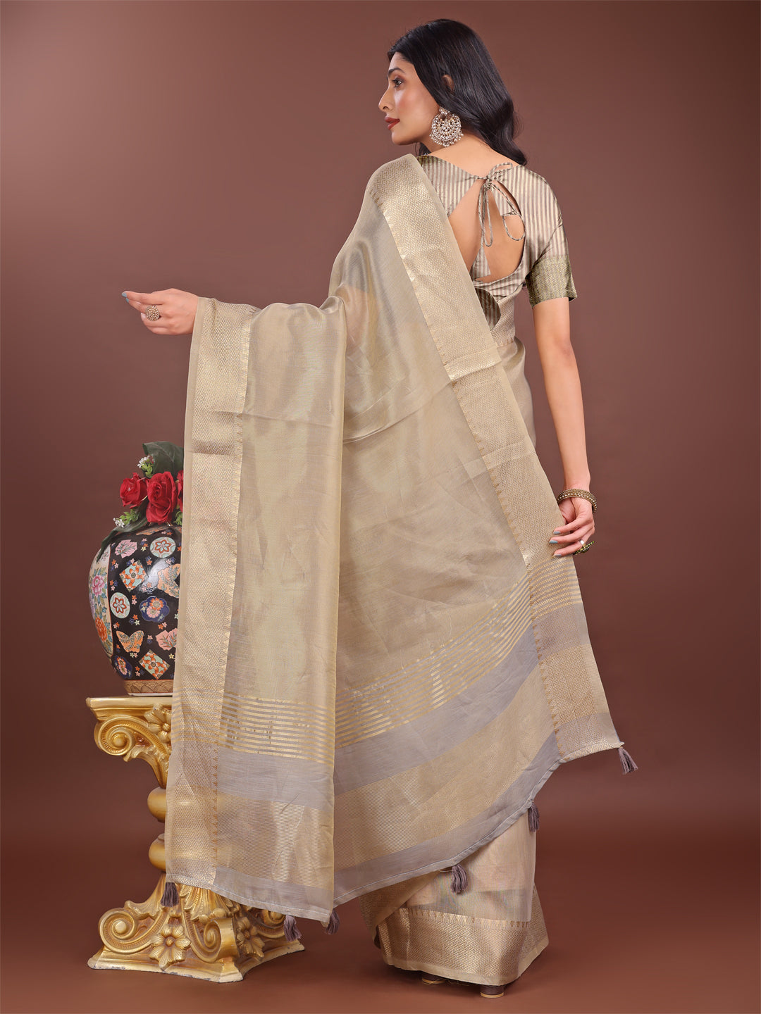 Shree Shyam Fashion Elegant Beige Linen Saree with Golden Zari Border & Rich Pallu | Soft Drape | Festive & Office Wear | Grocsy