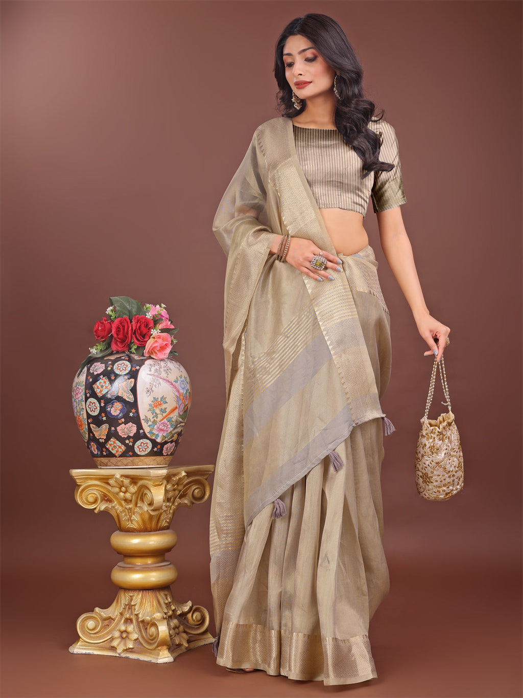 Shree Shyam Fashion Elegant Beige Linen Saree with Golden Zari Border & Rich Pallu | Soft Drape | Festive & Office Wear | Grocsy