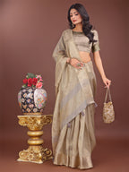 Shree Shyam Fashion Elegant Beige Linen Saree with Golden Zari Border & Rich Pallu | Soft Drape | Festive & Office Wear | Grocsy