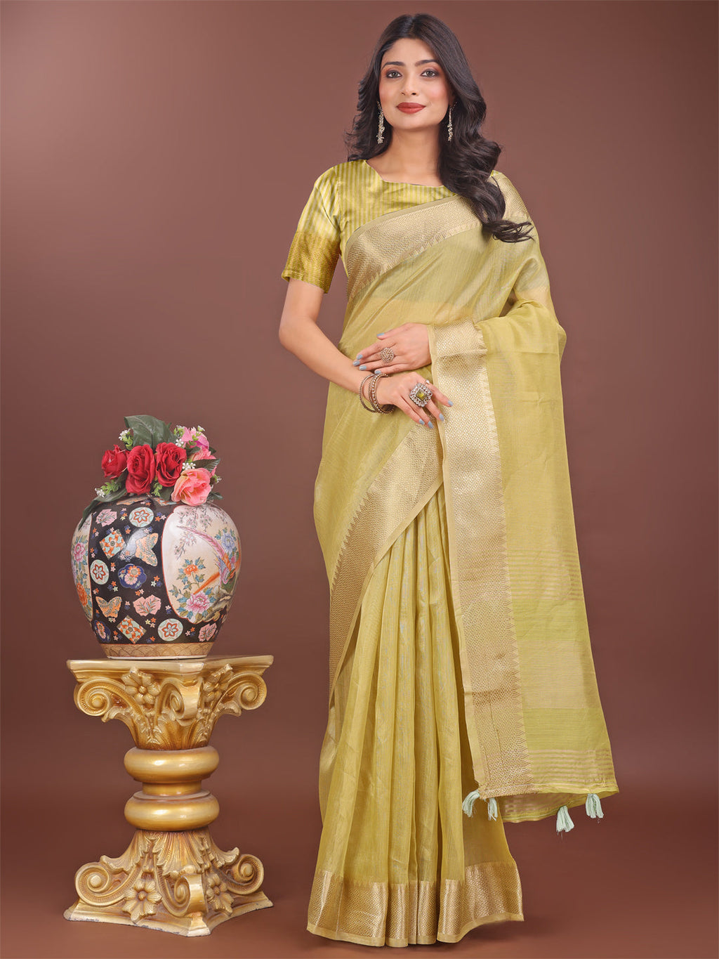 Shree Shyam Fashion Elegant Mehndi Green Linen Saree with Golden Zari Border & Rich Pallu | Soft Drape | Festive & Office Wear | Grocsy
