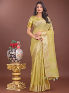 Shree Shyam Fashion Elegant Mehndi Green Linen Saree with Golden Zari Border & Rich Pallu | Soft Drape | Festive & Office Wear | Grocsy