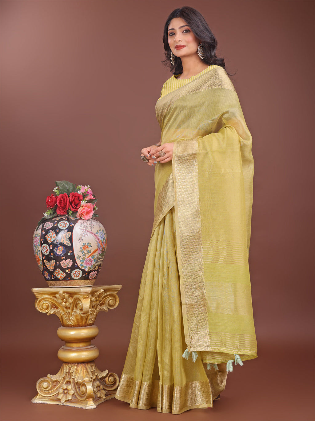 Shree Shyam Fashion Elegant Mehndi Green Linen Saree with Golden Zari Border & Rich Pallu | Soft Drape | Festive & Office Wear | Grocsy