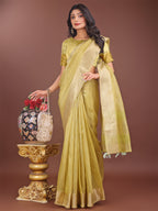 Shree Shyam Fashion Elegant Mehndi Green Linen Saree with Golden Zari Border & Rich Pallu | Soft Drape | Festive & Office Wear | Grocsy