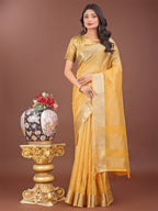 Shree Shyam Fashion Elegant Yellow Linen Saree with Golden Zari Border & Rich Pallu | Soft Drape | Festive & Office Wear | Grocsy