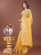 Shree Shyam Fashion Elegant Yellow Linen Saree with Golden Zari Border & Rich Pallu | Soft Drape | Festive & Office Wear | Grocsy
