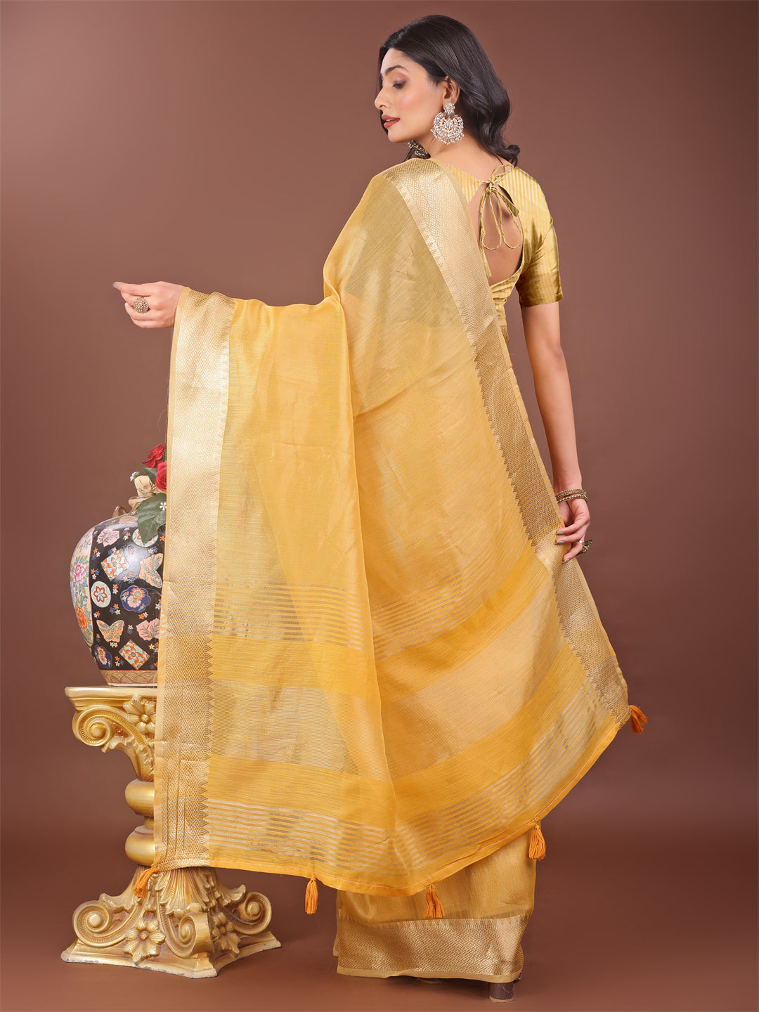 Shree Shyam Fashion Elegant Yellow Linen Saree with Golden Zari Border & Rich Pallu | Soft Drape | Festive & Office Wear | Grocsy