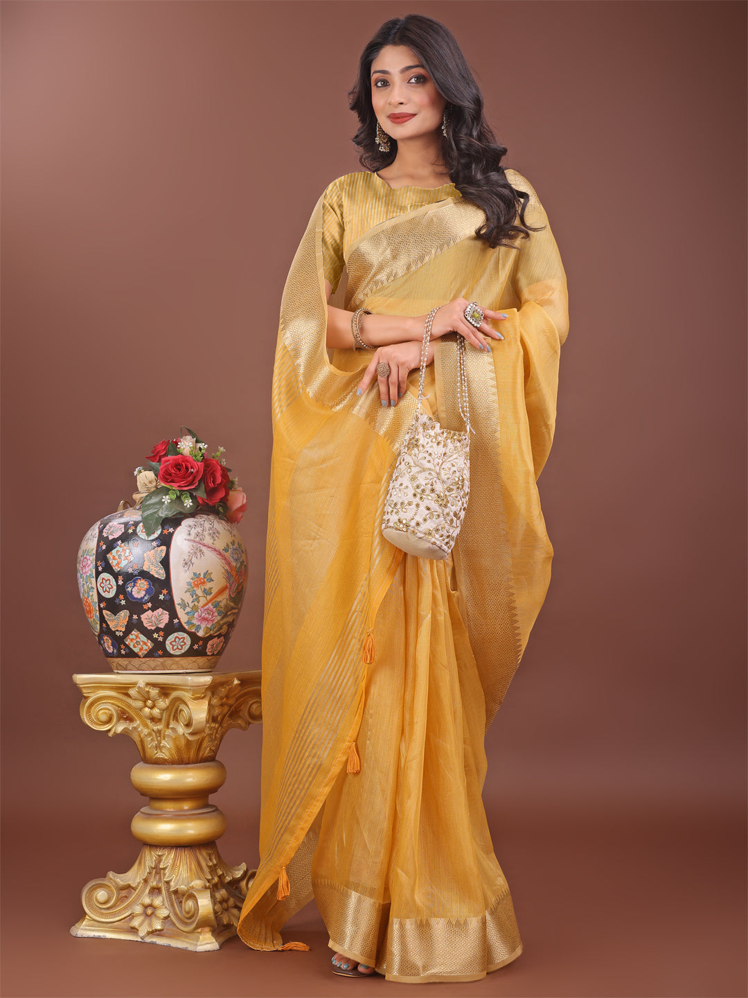 Shree Shyam Fashion Elegant Yellow Linen Saree with Golden Zari Border & Rich Pallu | Soft Drape | Festive & Office Wear | Grocsy