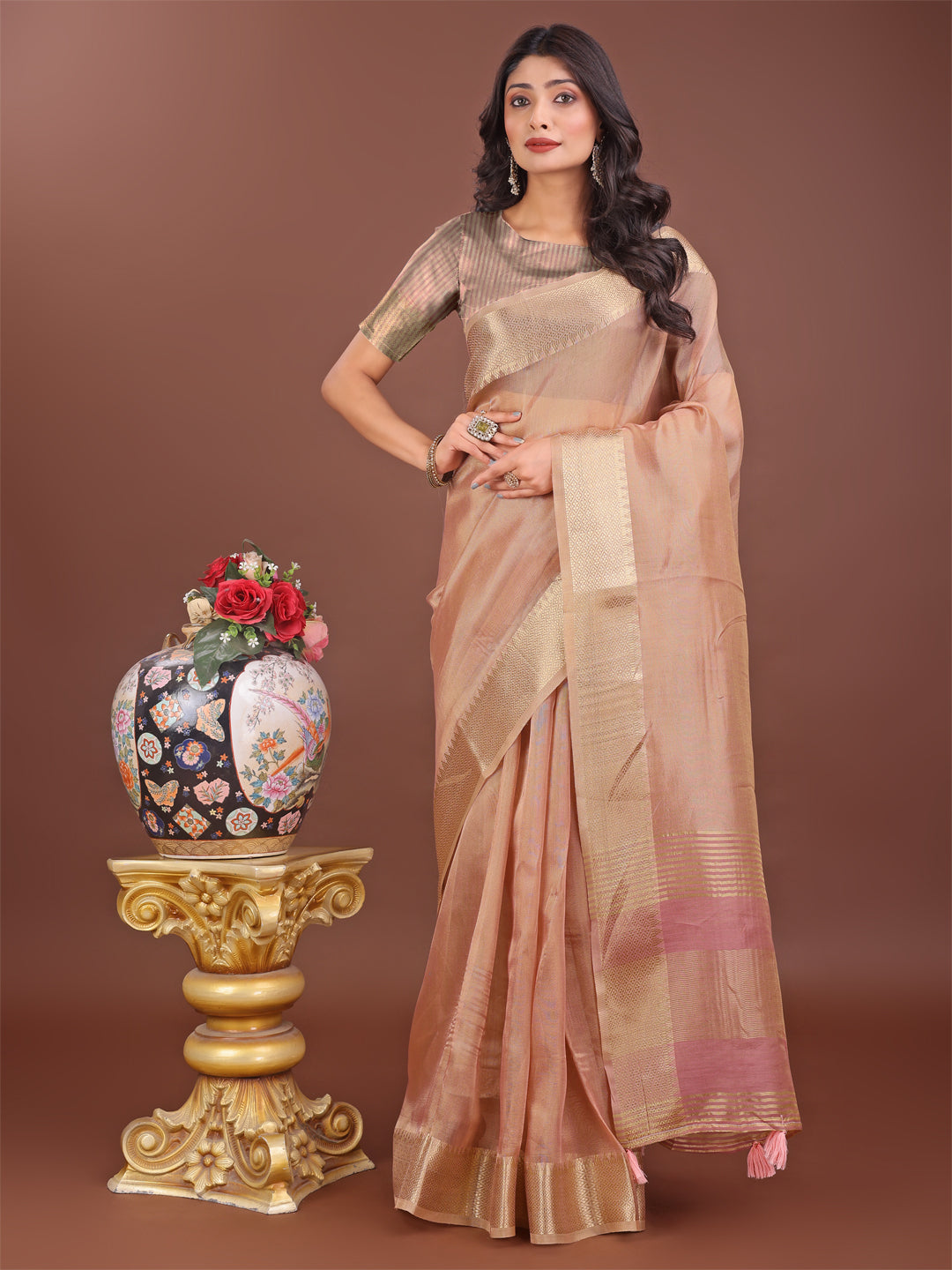 Shree Shyam Fashion Elegant Peach Linen Saree with Golden Zari Border & Rich Pallu | Soft Drape | Festive & Office Wear | Grocsy