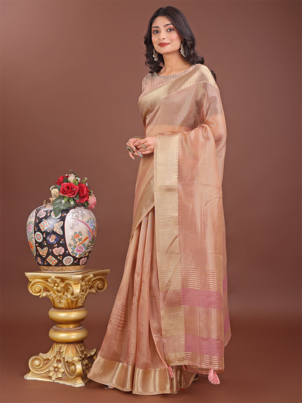 Shree Shyam Fashion Elegant Peach Linen Saree with Golden Zari Border & Rich Pallu | Soft Drape | Festive & Office Wear | Grocsy