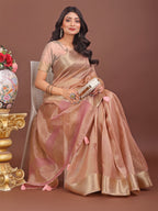 Shree Shyam Fashion Elegant Peach Linen Saree with Golden Zari Border & Rich Pallu | Soft Drape | Festive & Office Wear | Grocsy