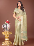 Shree Shyam Fashion Elegant Light Green Linen Saree with Golden Zari Border & Rich Pallu | Soft Drape | Festive & Office Wear | Grocsy