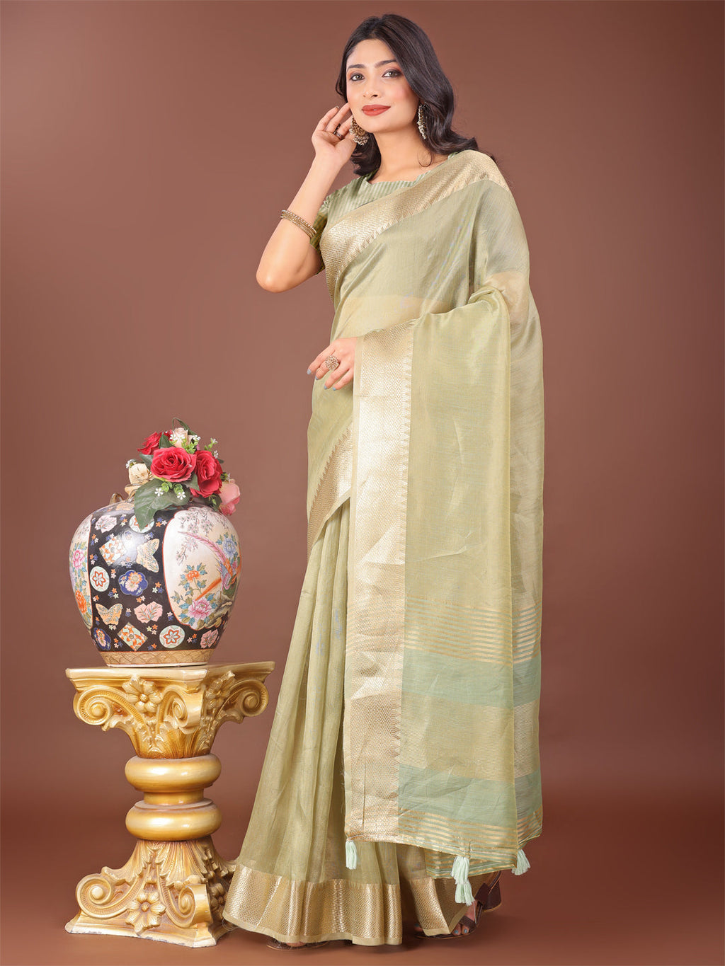 Shree Shyam Fashion Elegant Light Green Linen Saree with Golden Zari Border & Rich Pallu | Soft Drape | Festive & Office Wear | Grocsy