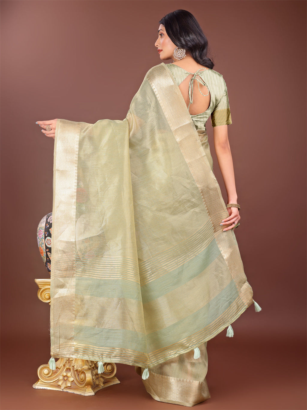 Shree Shyam Fashion Elegant Light Green Linen Saree with Golden Zari Border & Rich Pallu | Soft Drape | Festive & Office Wear | Grocsy