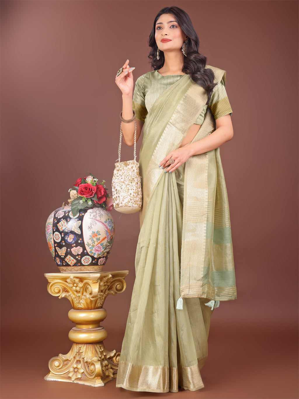 Shree Shyam Fashion Elegant Light Green Linen Saree with Golden Zari Border & Rich Pallu | Soft Drape | Festive & Office Wear | Grocsy