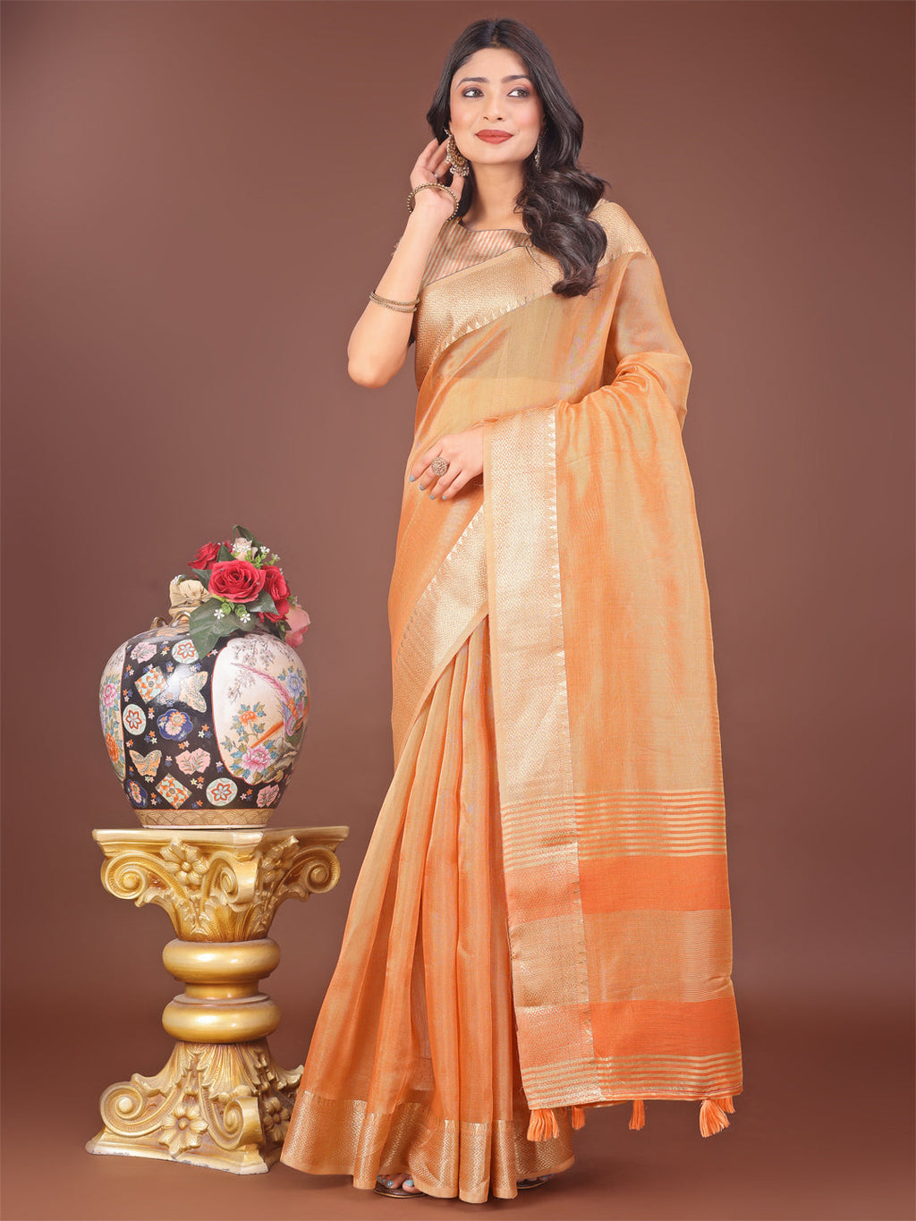 Shree Shyam Fashion Elegant Orange Linen Saree with Golden Zari Border & Rich Pallu | Soft Drape | Festive & Office Wear | Grocsy