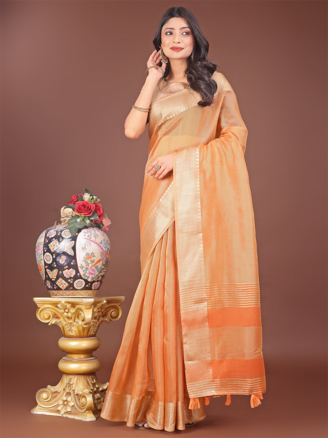 Shree Shyam Fashion Elegant Orange Linen Saree with Golden Zari Border & Rich Pallu | Soft Drape | Festive & Office Wear | Grocsy