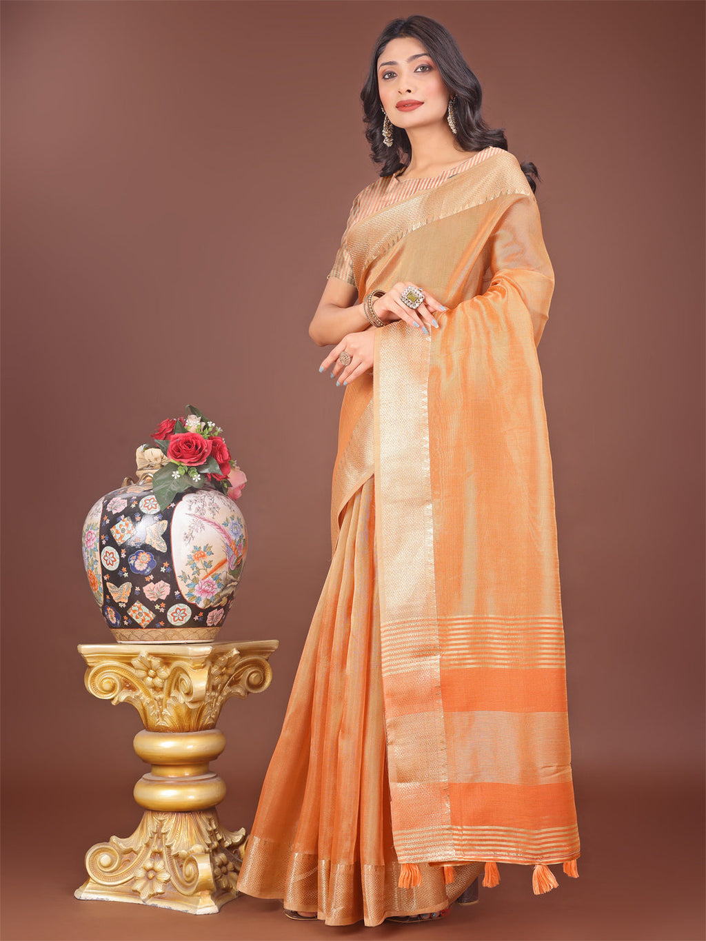 Shree Shyam Fashion Elegant Orange Linen Saree with Golden Zari Border & Rich Pallu | Soft Drape | Festive & Office Wear | Grocsy