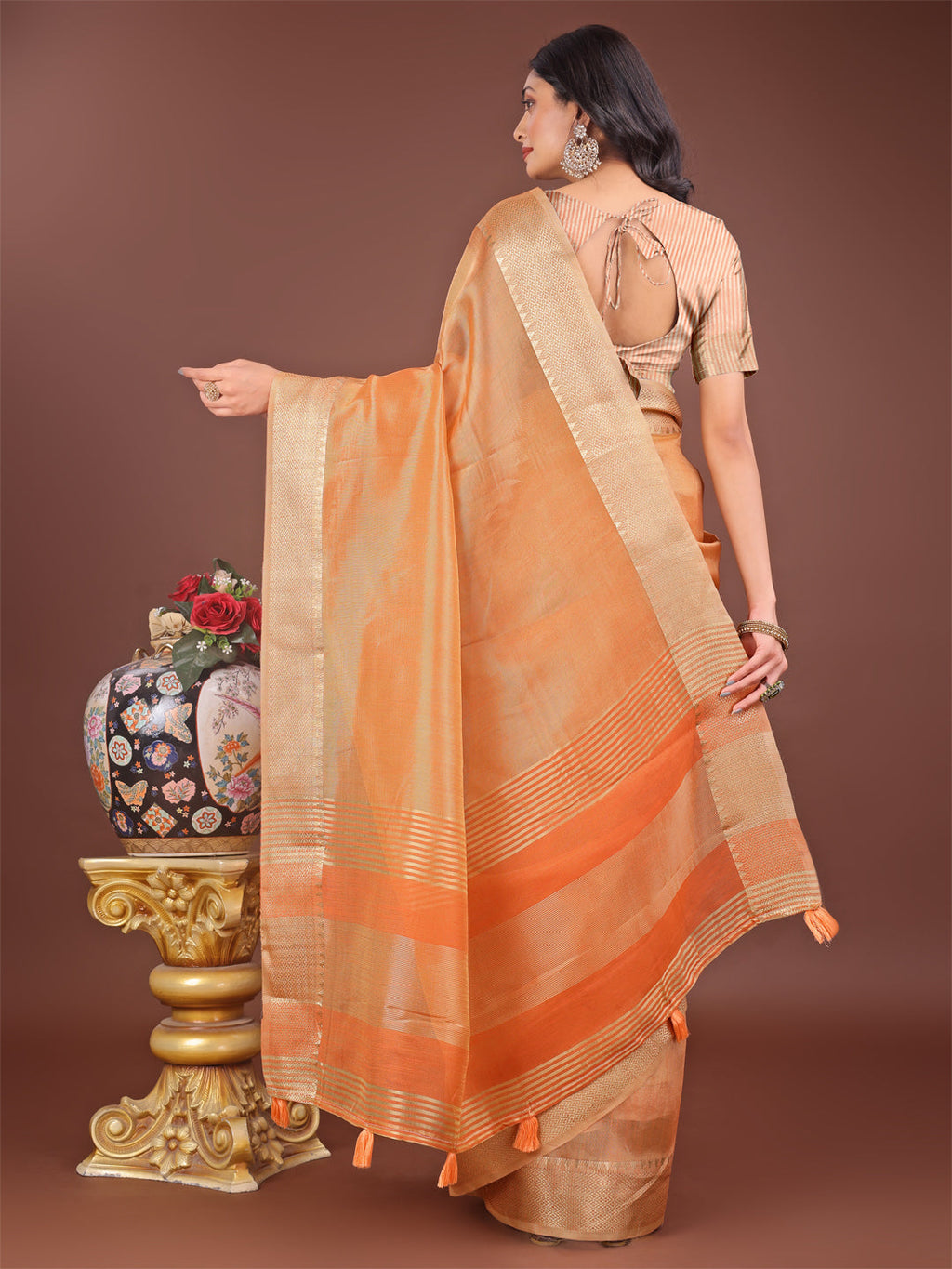 Shree Shyam Fashion Elegant Orange Linen Saree with Golden Zari Border & Rich Pallu | Soft Drape | Festive & Office Wear | Grocsy
