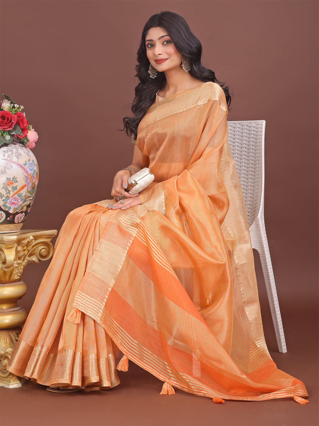 Shree Shyam Fashion Elegant Orange Linen Saree with Golden Zari Border & Rich Pallu | Soft Drape | Festive & Office Wear | Grocsy