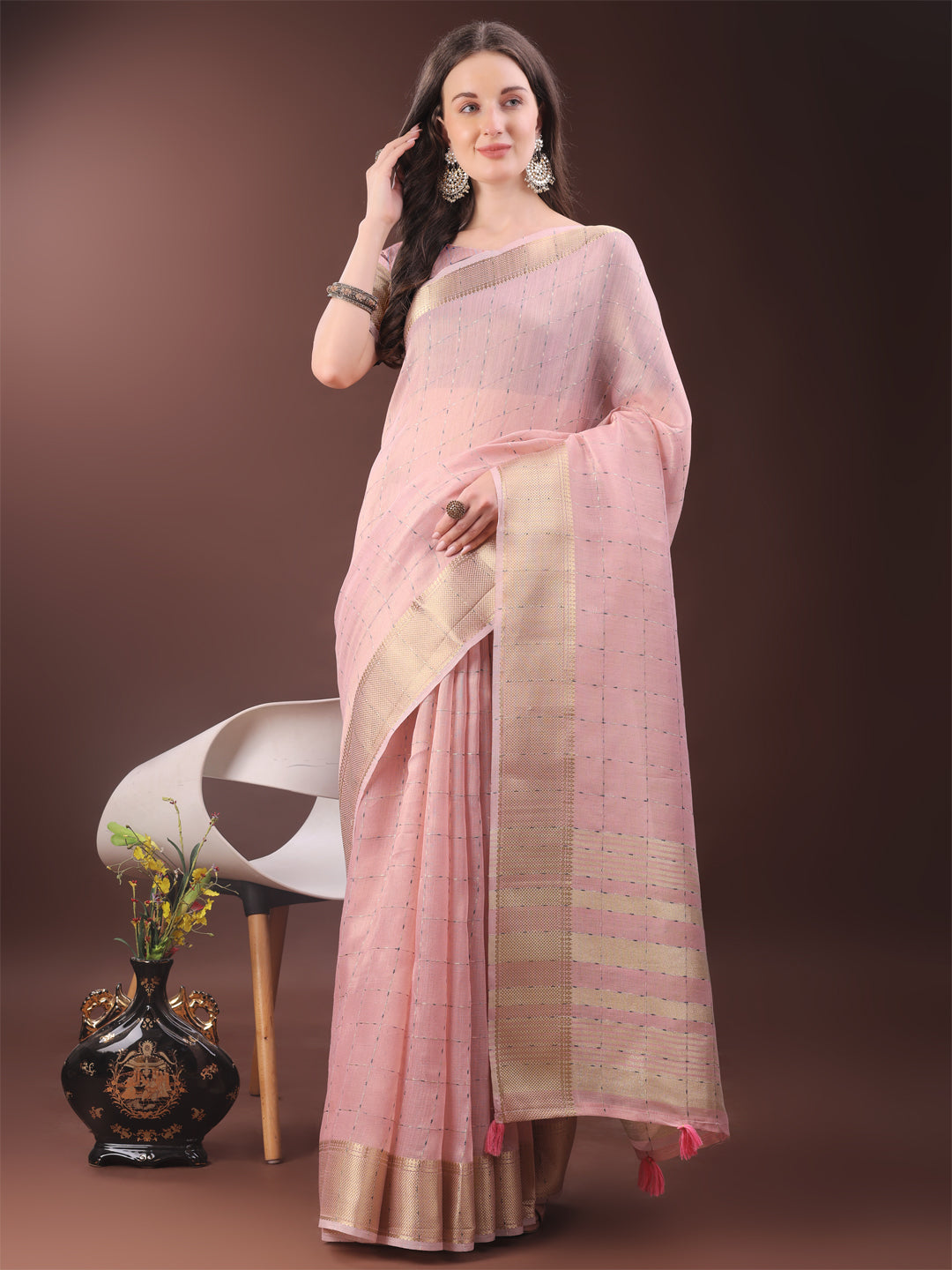 Shree Shyam Fashion Elegant Light Pink Organza Saree with Golden Zari Border & Designer Tassels | Lightweight Partywear Saree | Grocsy