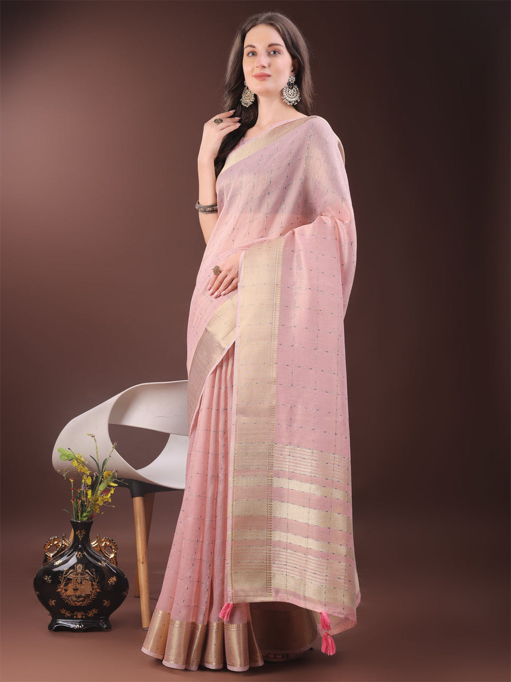 Shree Shyam Fashion Elegant Light Pink Organza Saree with Golden Zari Border & Designer Tassels | Lightweight Partywear Saree | Grocsy